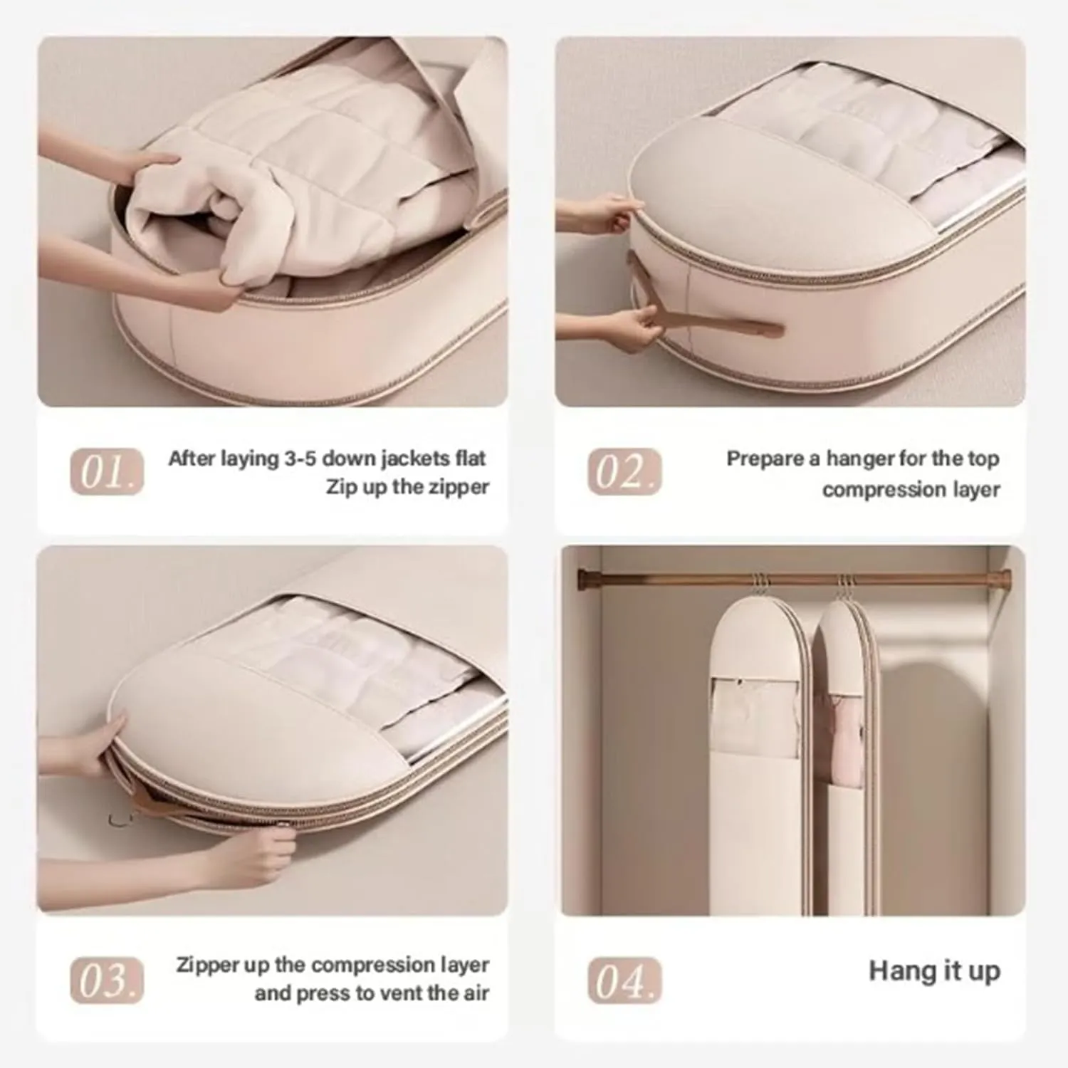 2025 Space Saving Hanging Garment Bag with Self Compression Zipper, Dust Cover Clothes Bags for Down Coat, Space Saver Closet Organizers Jackets, Suits, Skirts (3PCS PINK)