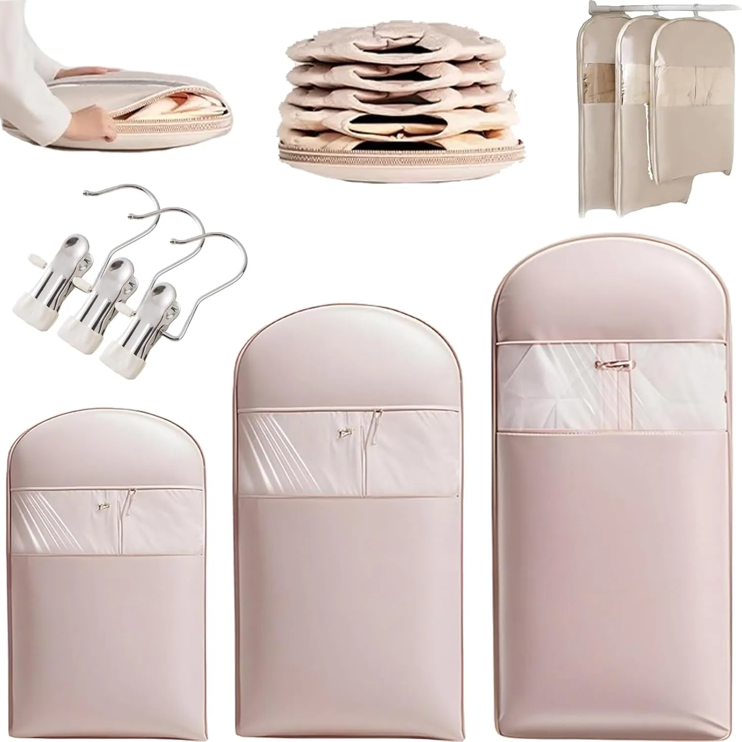 2025 Space Saving Hanging Garment Bag with Self Compression Zipper, Dust Cover Clothes Bags for Down Coat, Space Saver Closet Organizers Jackets, Suits, Skirts (3PCS PINK)
