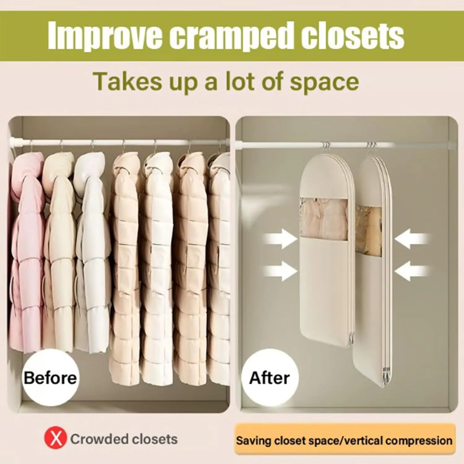 2025 Space Saving Hanging Garment Bag with Self Compression Zipper, Dust Cover Clothes Bags for Down Coat, Space Saver Closet Organizers Jackets, Suits, Skirts (3PCS PINK)