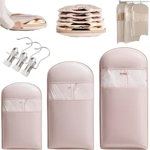 2025 Space Saving Hanging Garment Bag with Self Compression Zipper, Dust Cover Clothes Bags for Down Coat, Space Saver Closet Organizers Jackets, Suits, Skirts (3PCS PINK)