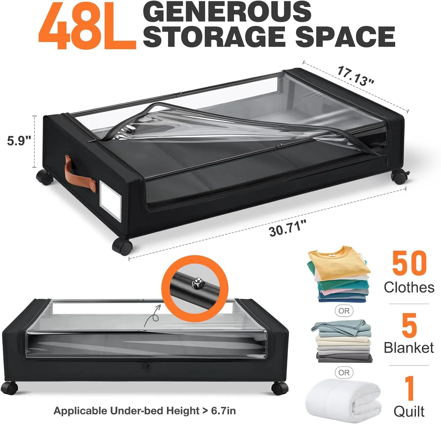 2Pack Under Bed Storage with Wheels,30.71 * 17.13 * 6.5 Inches Foldable Underbed Storage Containers Organizers Bins for Clothes Shoes Blankets Sweater (Black)