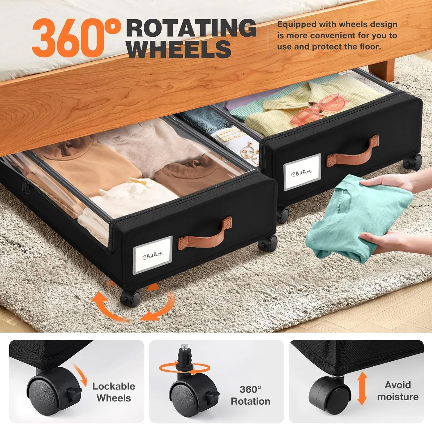 2Pack Under Bed Storage with Wheels,30.71 * 17.13 * 6.5 Inches Foldable Underbed Storage Containers Organizers Bins for Clothes Shoes Blankets Sweater (Black)