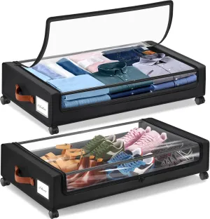 2Pack Under Bed Storage with Wheels,30.71 * 17.13 * 6.5 Inches Foldable Underbed Storage Containers Organizers Bins for Clothes Shoes Blankets Sweater (Black)