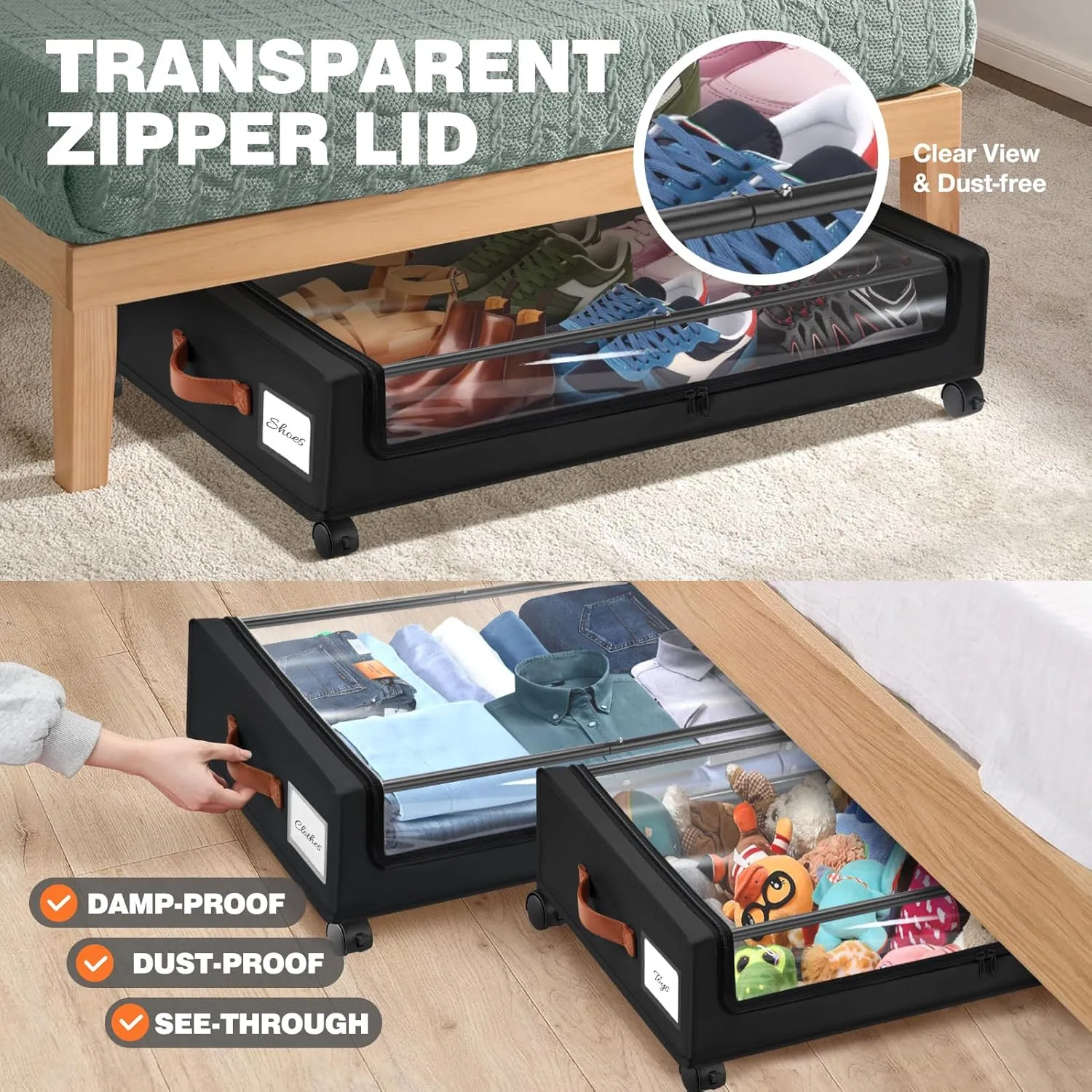 2Pack Under Bed Storage with Wheels,30.71 * 17.13 * 6.5 Inches Foldable Underbed Storage Containers Organizers Bins for Clothes Shoes Blankets Sweater (Black)