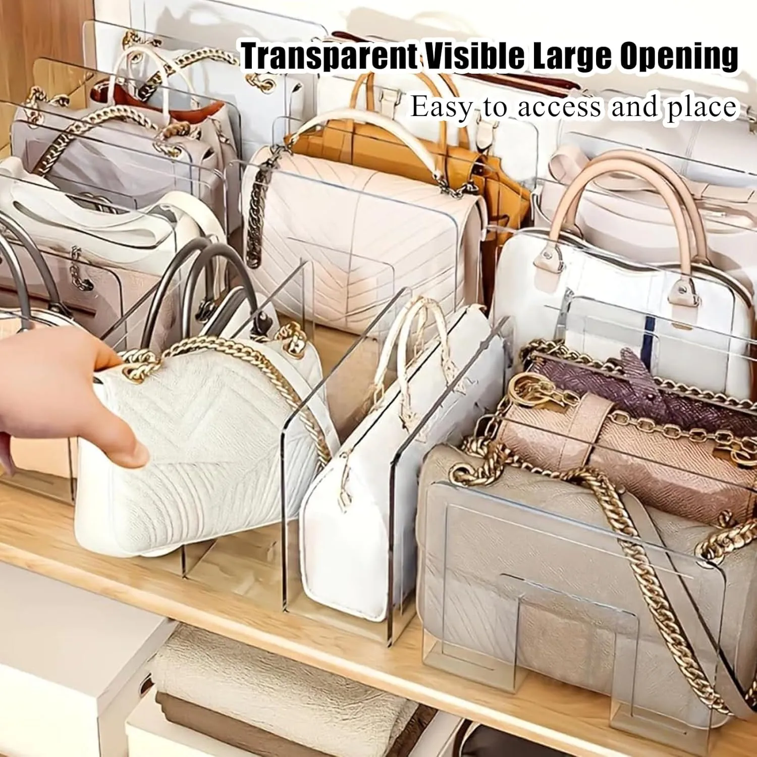 2pcs Clear Plastic Purse Handbag Organizer, 3/4 Sections Bag Closet Shelf Divider, Purse Display Stand,Handbag Storage Organizer,Desk Book File Sorter Stand Holder(4 grids, Clear)
