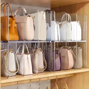 2pcs Clear Plastic Purse Handbag Organizer, 3/4 Sections Bag Closet Shelf Divider, Purse Display Stand,Handbag Storage Organizer,Desk Book File Sorter Stand Holder(4 grids, Clear)