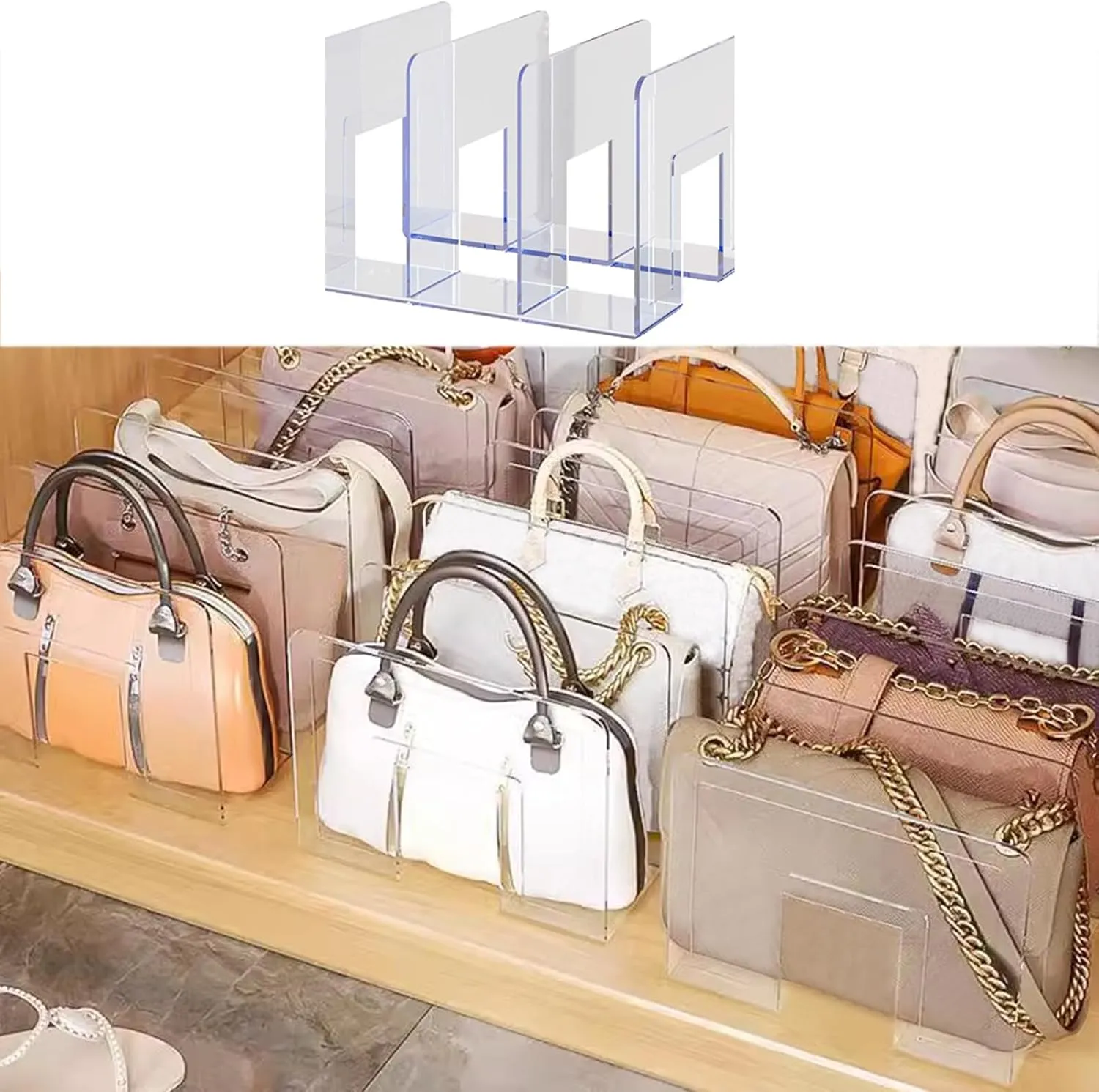 2pcs Clear Plastic Purse Handbag Organizer, 3/4 Sections Bag Closet Shelf Divider, Purse Display Stand,Handbag Storage Organizer,Desk Book File Sorter Stand Holder(4 grids, Clear)