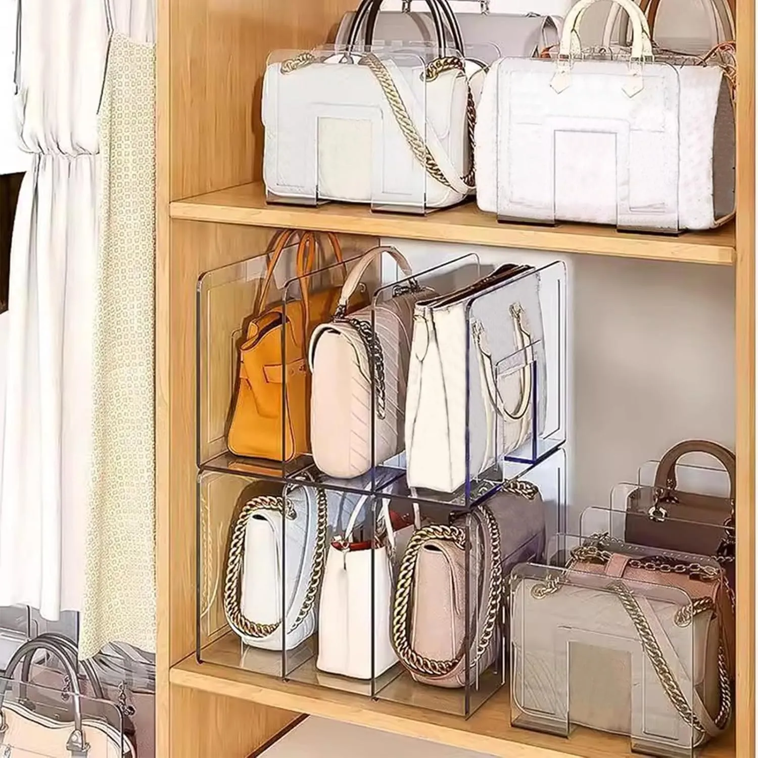 2pcs Clear Plastic Purse Handbag Organizer, 3/4 Sections Bag Closet Shelf Divider, Purse Display Stand,Handbag Storage Organizer,Desk Book File Sorter Stand Holder(4 grids, Clear)