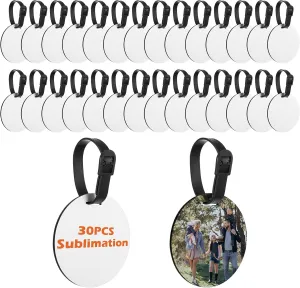 30 Pcs Sublimation Blanks Luggage Tag Round Bulk MDF with Belt White Sublimation Blank Products Travel Bag Name ID Card Luggage Tags with Double-Sided Keychains Sublimation Bag Tags