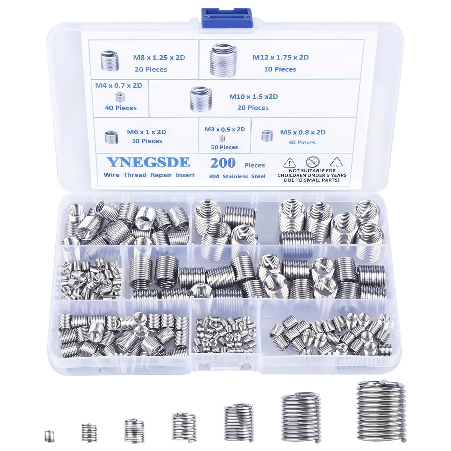 304 Stainless Steel Helical Coiled Metric Thread Repair Kit - 200Pcs Assortment Kit - M3, M4, M5, M6, M8, M10, M12 Wire Screw Sleeve Inserts