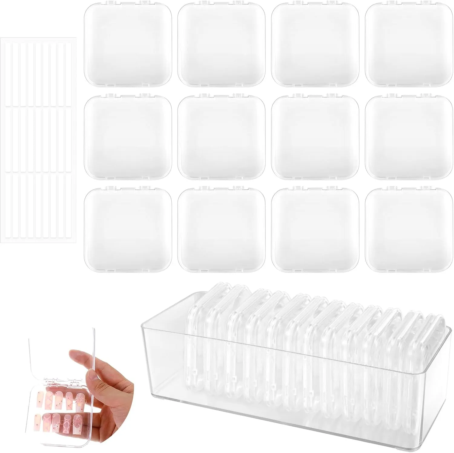 36 Pcs Press on Nail Storage Box Container All-In-One Clear 3 pcs Double Sided Tape Acrylic Display Fake Nail 3 Big Storage Box Organizer Case Artificial False Nail Boxes Packaging for Press Ons