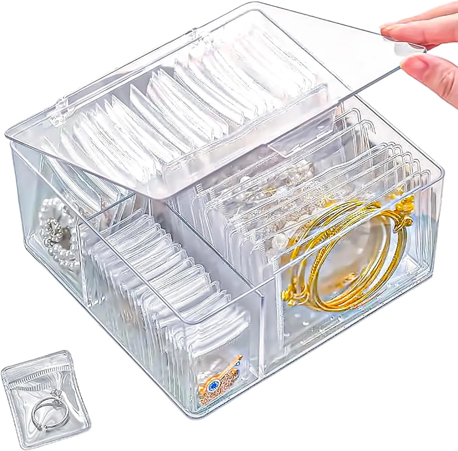 4-in-1 Acrylic Jewelry Organizers and Storage with 60 Portable Anti Tarnish Jewelry Bags, Clear Jewelry Box Travel Jewelry Case for Earrings Rings Necklaces Bracelets, Mothers Day Gifts for Mom Wife