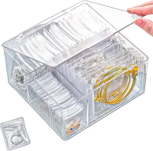 4-in-1 Acrylic Jewelry Organizers and Storage with 60 Portable Anti Tarnish Jewelry Bags, Clear Jewelry Box Travel Jewelry Case for Earrings Rings Necklaces Bracelets, Mothers Day Gifts for Mom Wife