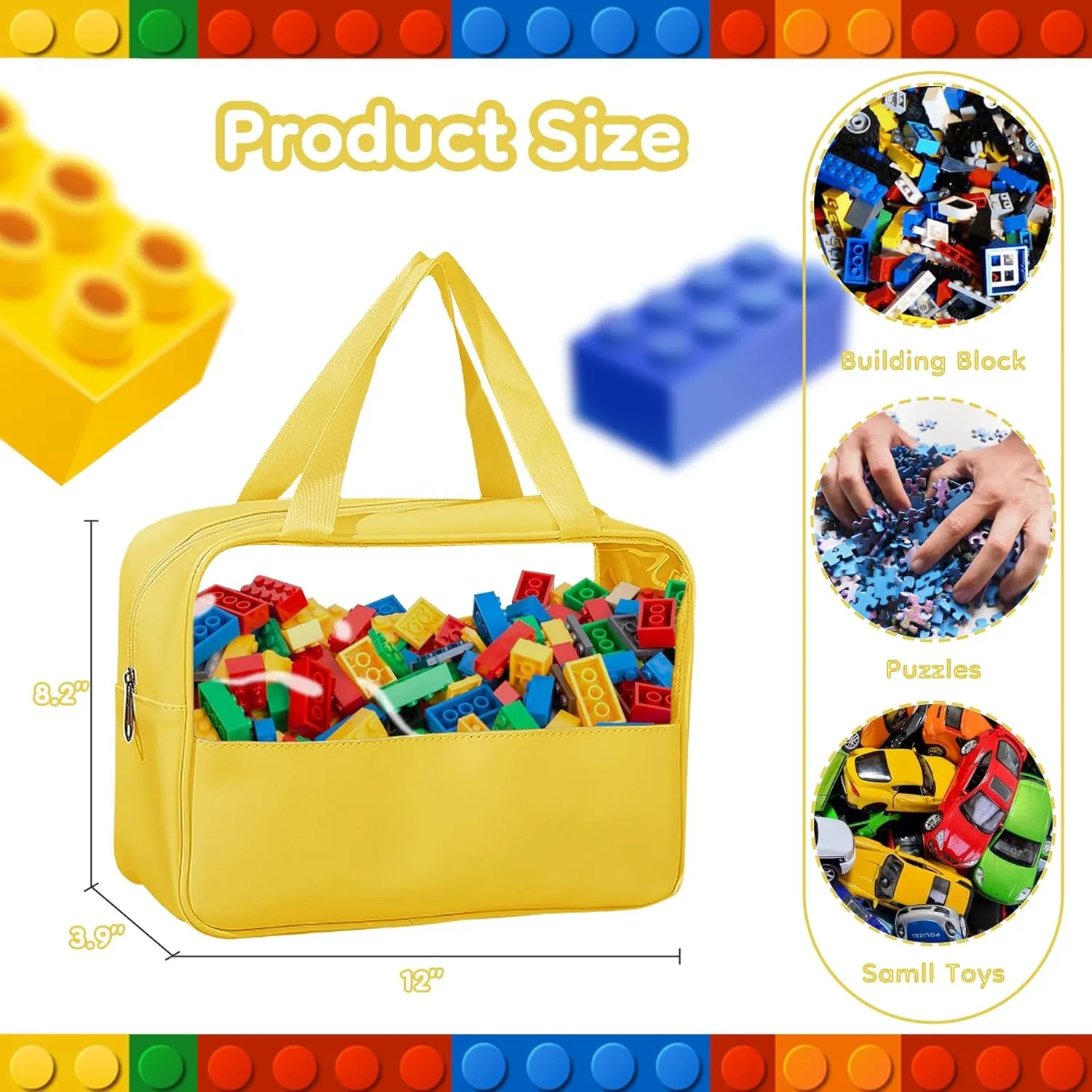 4-Pack Large Toy Organizer PU Leather Organizer Bag with Zipper, Toy Organizer Bag with Portable Handheld Device, Waterproof Toy Bag Storage for Board Games Clay, Building Blocks, Toys (4 Pack)