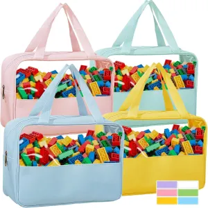 4-Pack Large Toy Organizer PU Leather Organizer Bag with Zipper, Toy Organizer Bag with Portable Handheld Device, Waterproof Toy Bag Storage for Board Games Clay, Building Blocks, Toys (4 Pack)