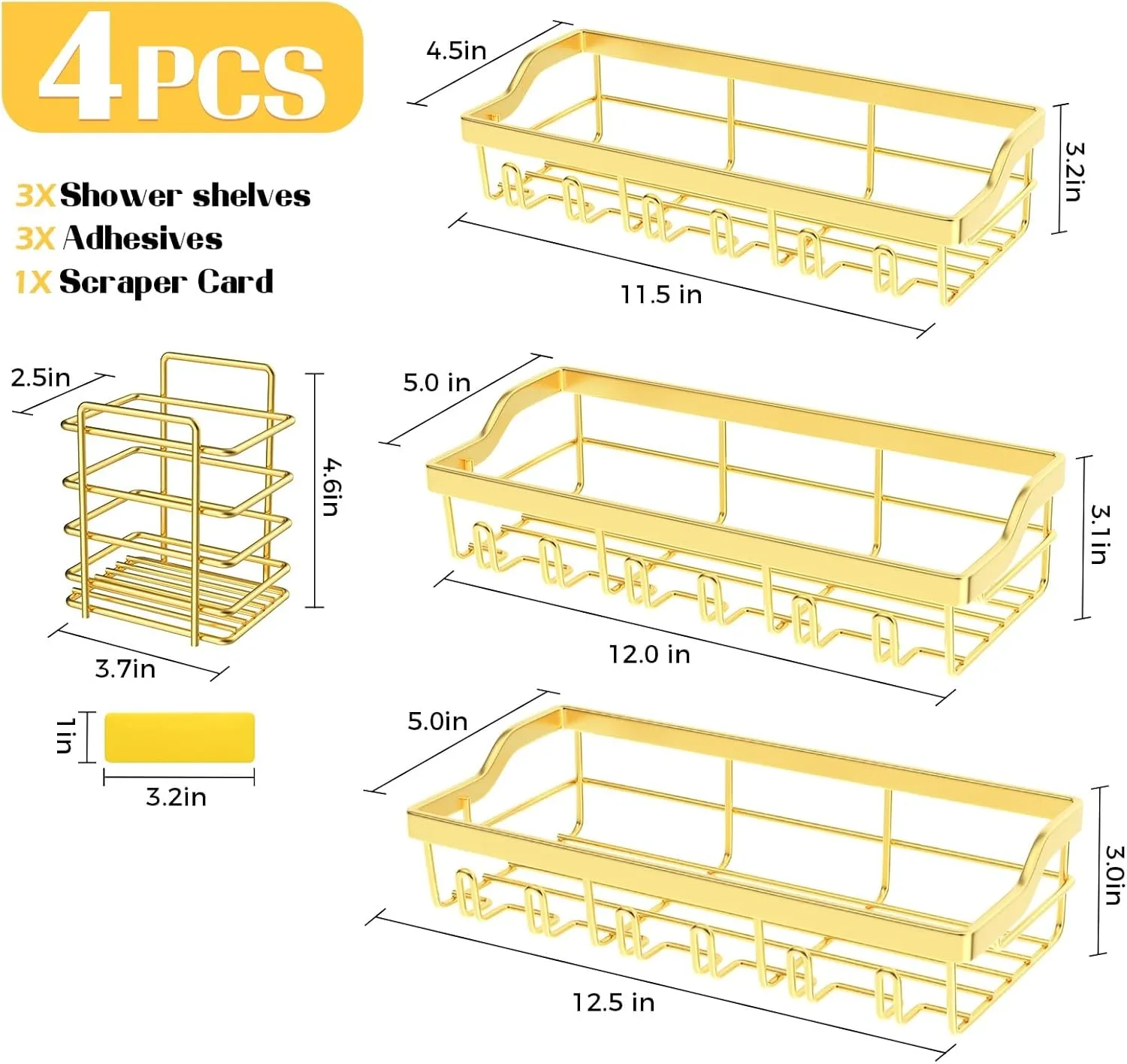 4 Pack Shower Caddy, Adhesive Shower Organizer for Bathroom Storage, Rustproof Stainless Steel Shower Shelves, No Drilling, Large Capacity Shower Rack Shelf for Inside Shower, Gold