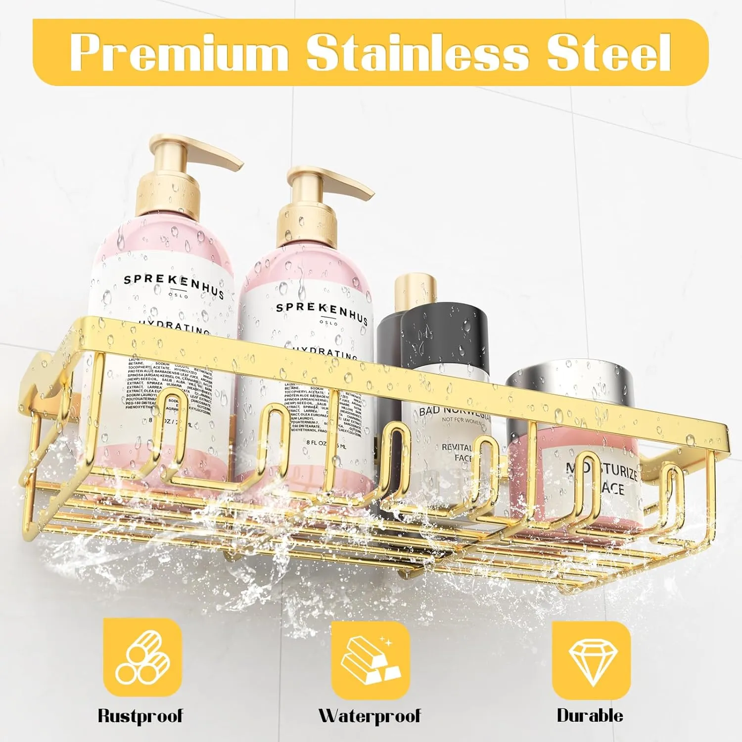 4 Pack Shower Caddy, Adhesive Shower Organizer for Bathroom Storage, Rustproof Stainless Steel Shower Shelves, No Drilling, Large Capacity Shower Rack Shelf for Inside Shower, Gold