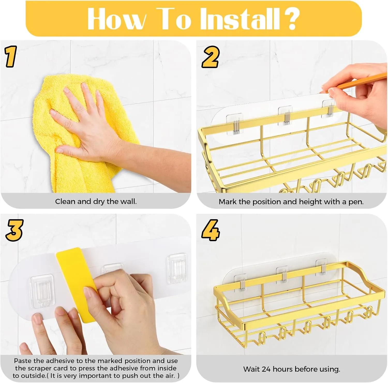 4 Pack Shower Caddy, Adhesive Shower Organizer for Bathroom Storage, Rustproof Stainless Steel Shower Shelves, No Drilling, Large Capacity Shower Rack Shelf for Inside Shower, Gold