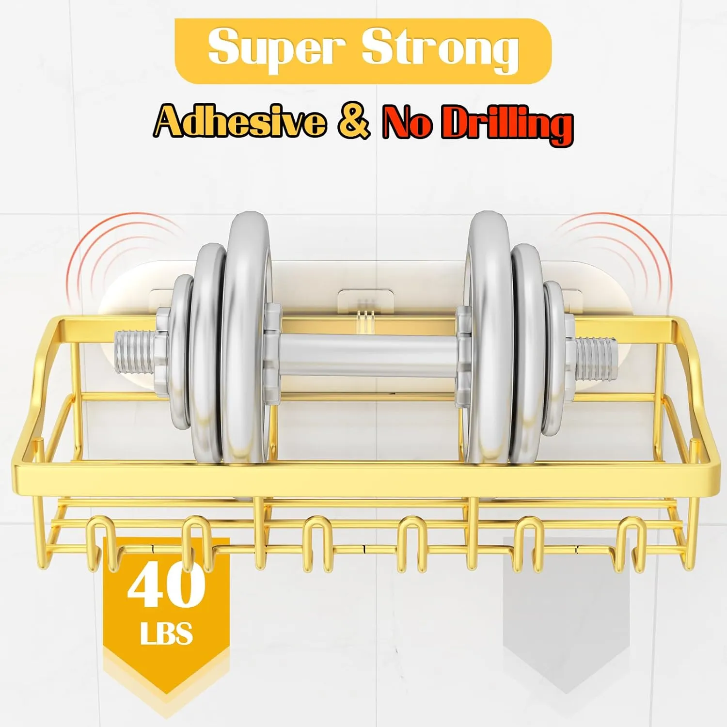 4 Pack Shower Caddy, Adhesive Shower Organizer for Bathroom Storage, Rustproof Stainless Steel Shower Shelves, No Drilling, Large Capacity Shower Rack Shelf for Inside Shower, Gold
