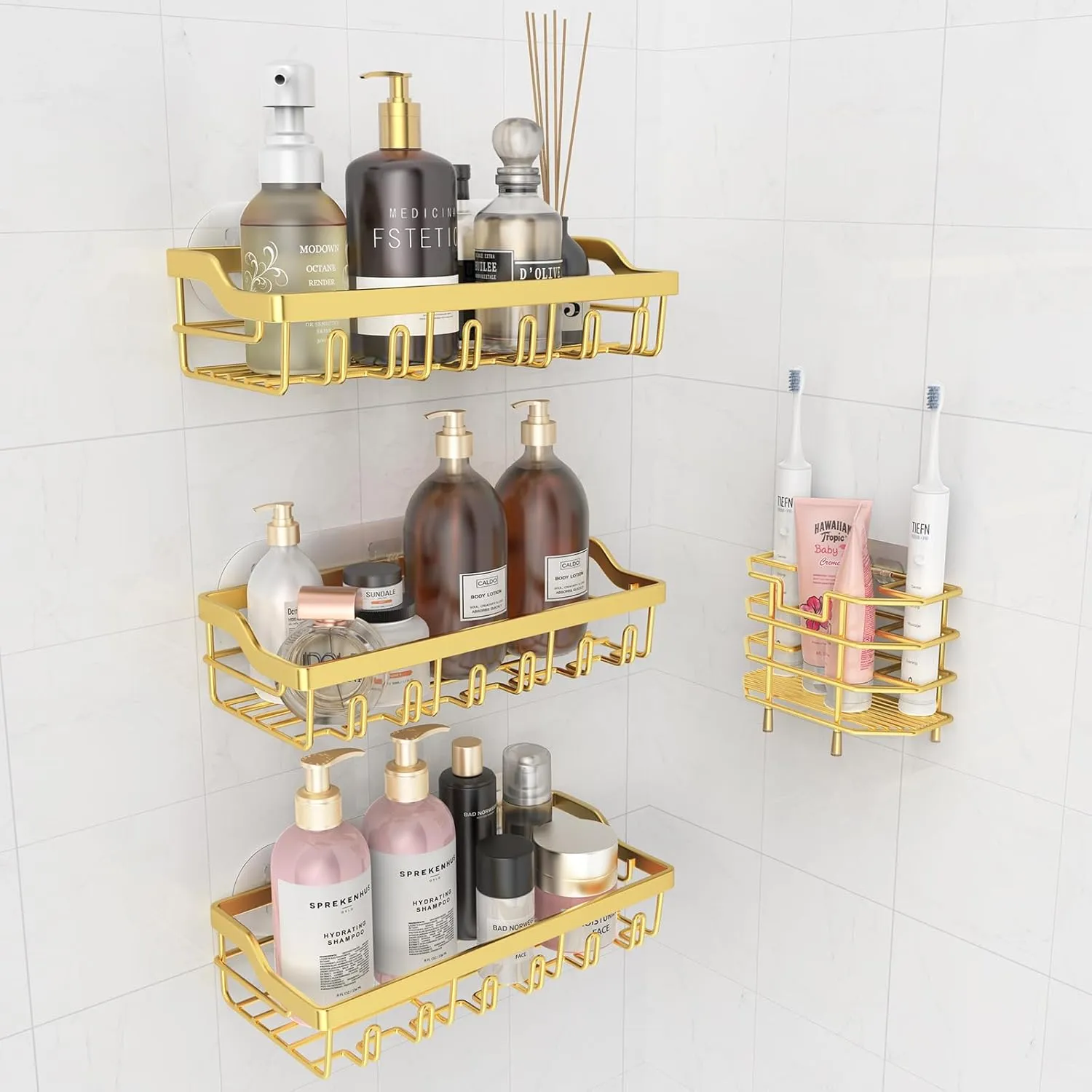 4 Pack Shower Caddy, Adhesive Shower Organizer for Bathroom Storage, Rustproof Stainless Steel Shower Shelves, No Drilling, Large Capacity Shower Rack Shelf for Inside Shower, Gold