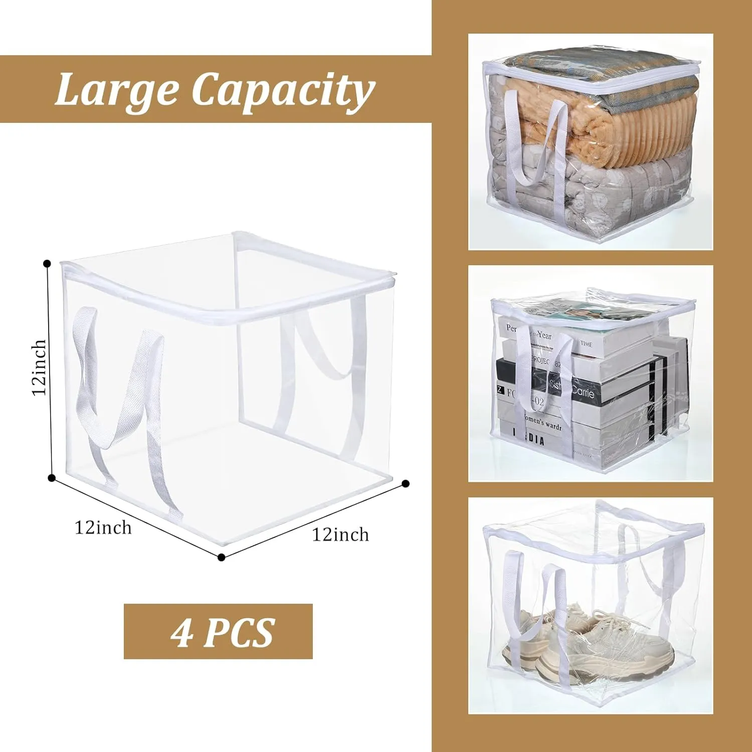 4 Pcs Clear Zippered Organizers 12''x12''x12'' Moving Bags with Reinforced Handles Heavy Duty Storage Cube Tote Storage Blanket Bags Bins for Clothes Moving Supplies Linens Shoes Closet Organizer