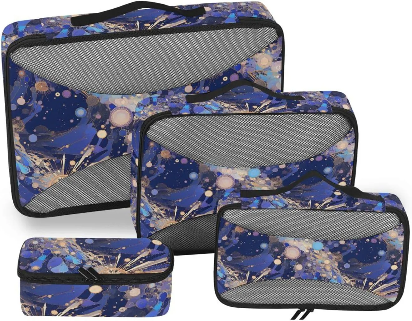 4 Pcs set bag organizer insert Mesh Travel Essentials Abstract Fireworks Bursting Painting Blue Gold expandable cubes for travel women