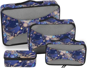 4 Pcs set bag organizer insert Mesh Travel Essentials Abstract Fireworks Bursting Painting Blue Gold expandable cubes for travel women