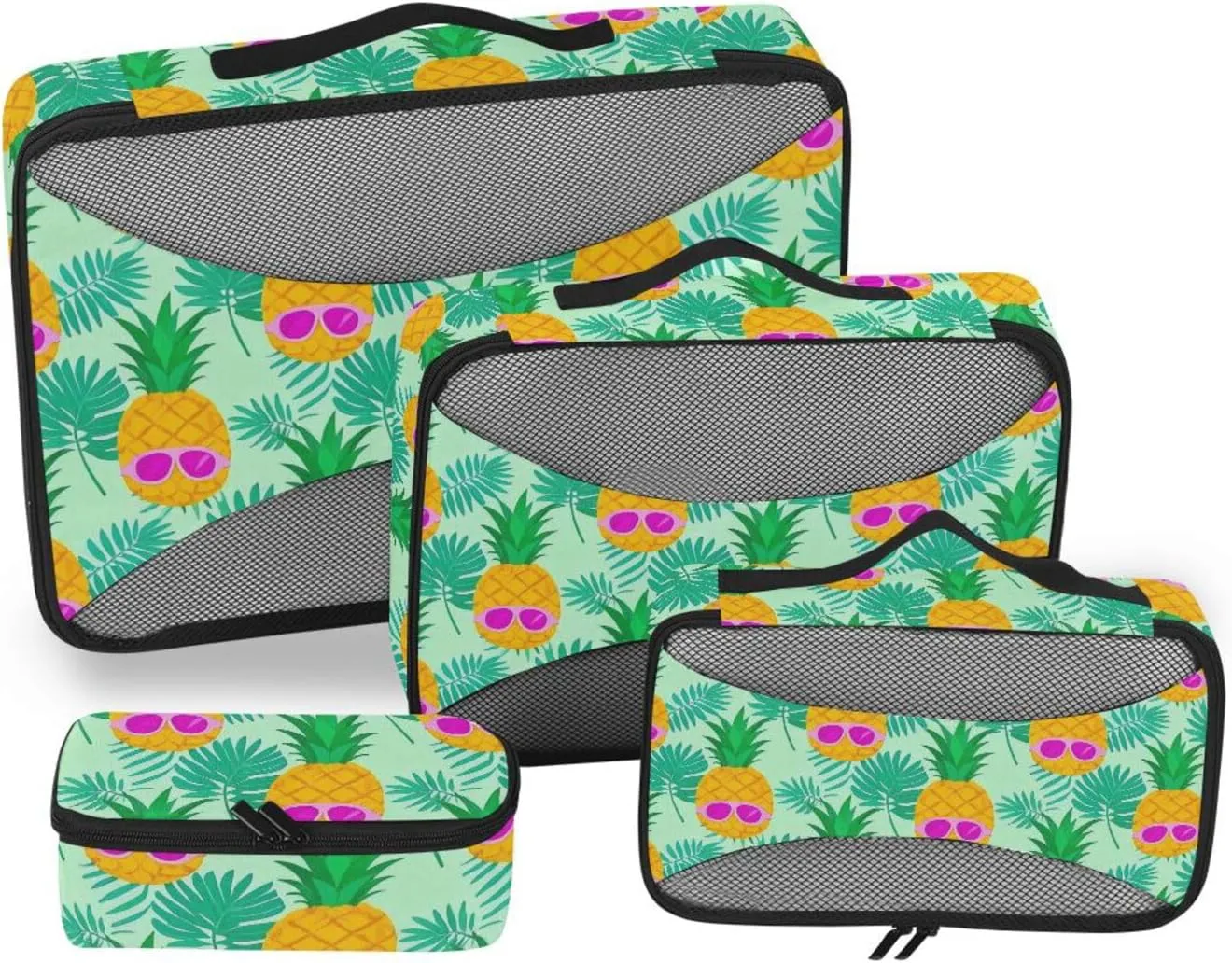 4 Pcs set bag organizer insert Mesh Travel Essentials Summer Sunglasses Pineapple Palm Leaf Green lightweight packing cubes for suitcases