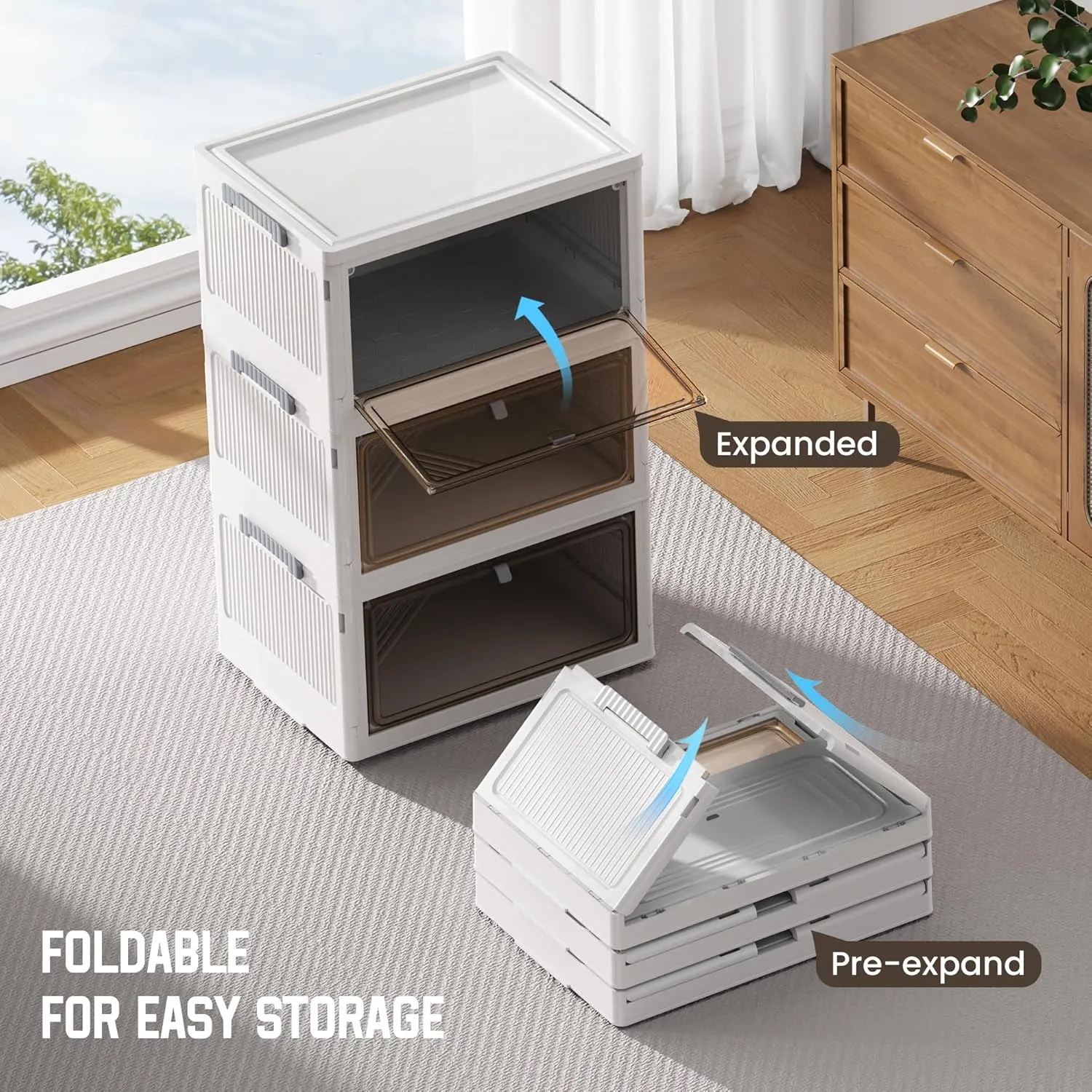 4 Tier Plastic Storage Bins with Drawers - Foldable Stackable Storage Bins with Lids - Closet Craft Organizers and Storage - 24QT Plastic Drawer Storage for Bedroom Study Toy Room Office