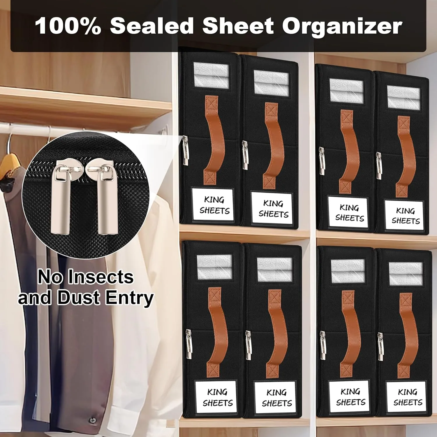 4pack Bed Sheet Organizer, Foldable Linen Closet Organizers and Storage with Sealed Design, Queen & King Size Sheet Storage with Window, Closet Organizer for Bedsheets/Blankets/Clothes, Black