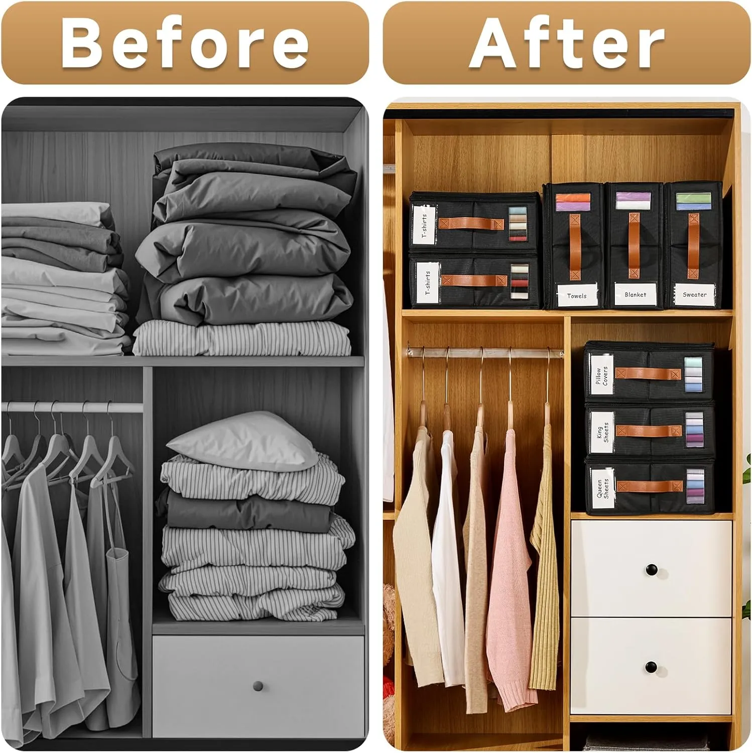 4pack Bed Sheet Organizer, Foldable Linen Closet Organizers and Storage with Sealed Design, Queen & King Size Sheet Storage with Window, Closet Organizer for Bedsheets/Blankets/Clothes, Black