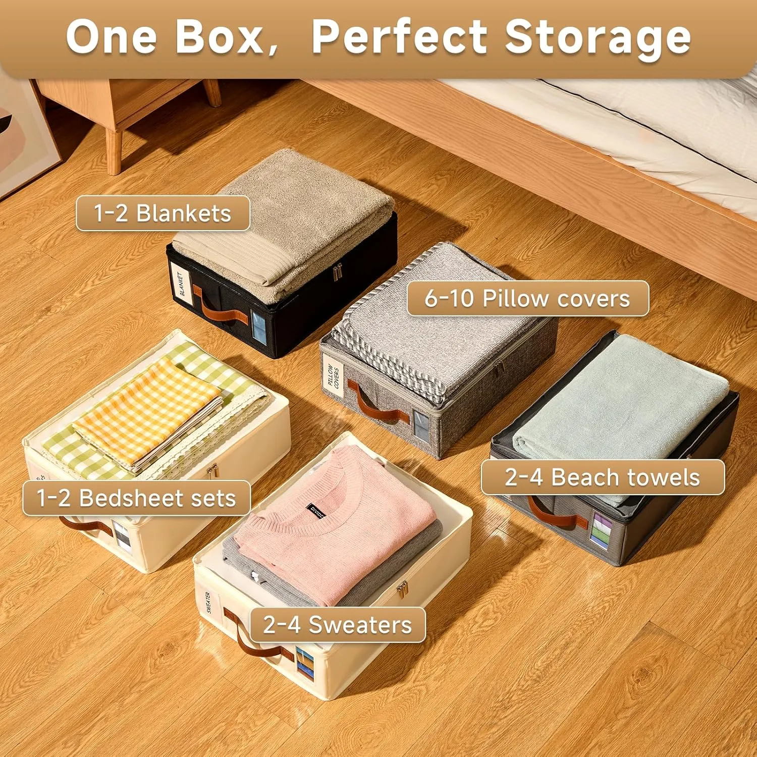 4pack Bed Sheet Organizer, Foldable Linen Closet Organizers and Storage with Sealed Design, Queen & King Size Sheet Storage with Window, Closet Organizer for Bedsheets/Blankets/Clothes, Black