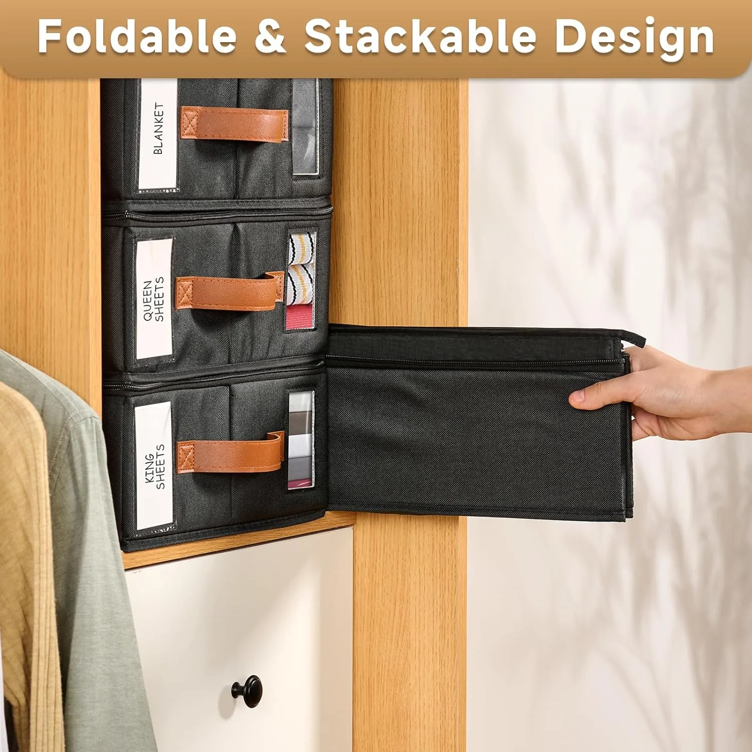 4pack Bed Sheet Organizer, Foldable Linen Closet Organizers and Storage with Sealed Design, Queen & King Size Sheet Storage with Window, Closet Organizer for Bedsheets/Blankets/Clothes, Black