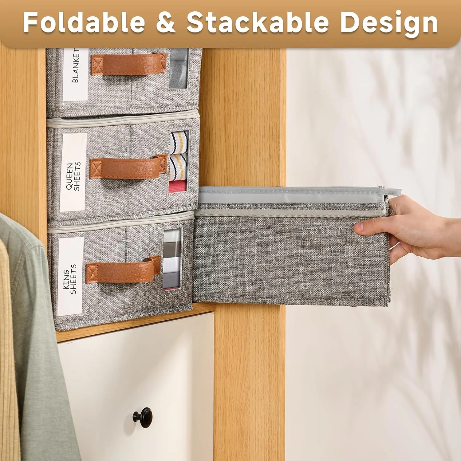 4pack Bed Sheet Organizer, Foldable Linen Closet Organizers and Storage with Sealed Design, Queen & King Size Sheet Storage with Window, Closet Organizer for Bedsheets/Blankets/Clothes, Linen