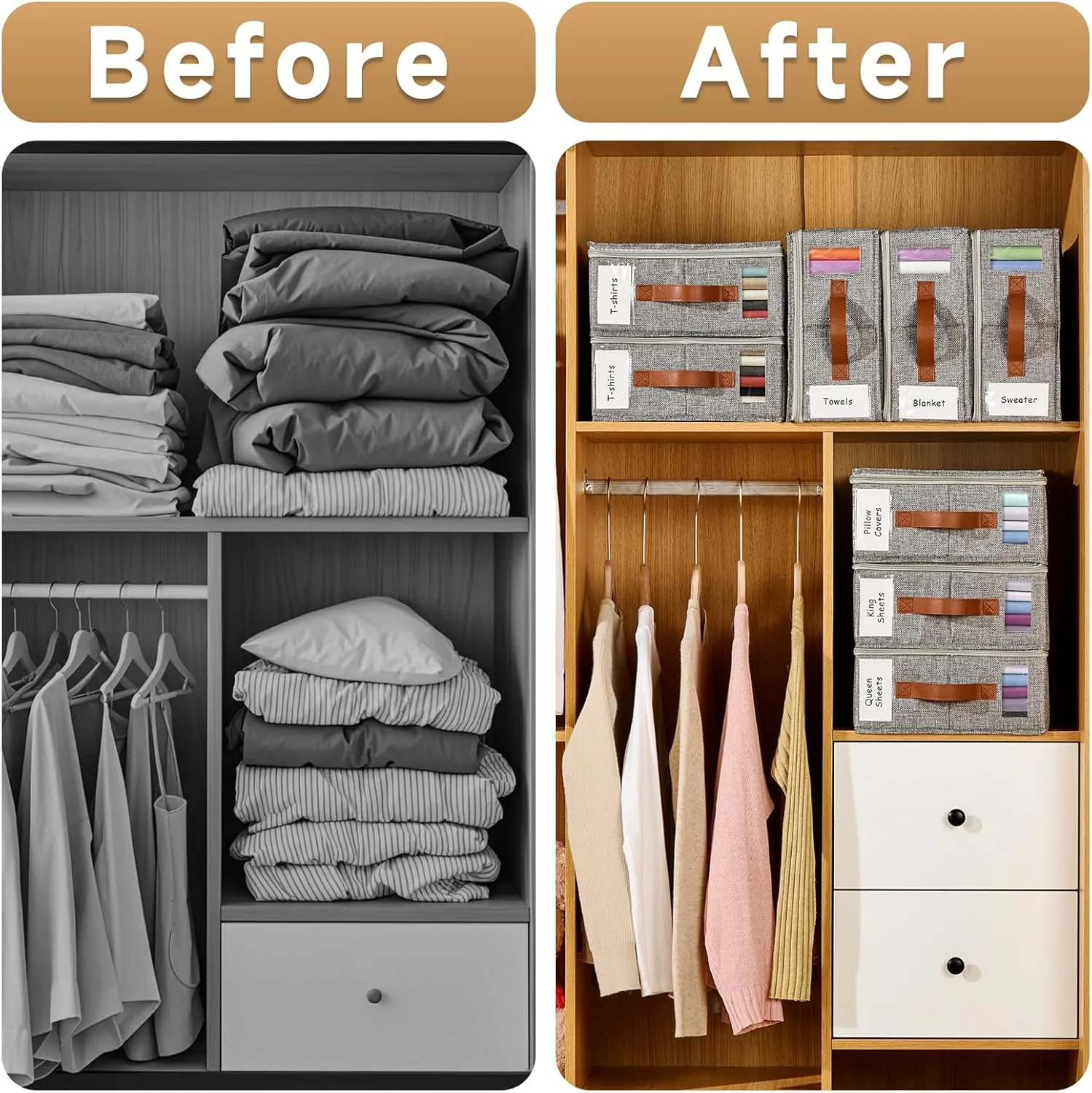 4pack Bed Sheet Organizer, Foldable Linen Closet Organizers and Storage with Sealed Design, Queen & King Size Sheet Storage with Window, Closet Organizer for Bedsheets/Blankets/Clothes, Linen
