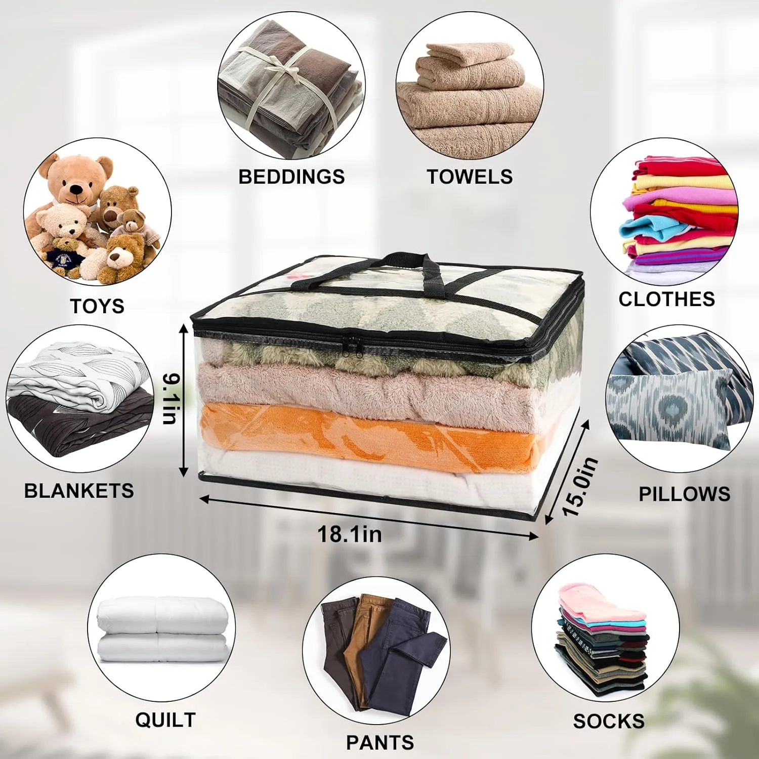 4Pack Clear Blanket Storage Bags, Vinyl Comforter Clothes Storage Closet Organizers and Storage Containers Moving Bags with Reinforced Handle for Bedding, Clothing, Comforters, Pillows, Toys,40L