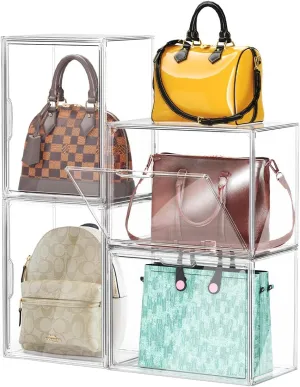 4Pack PET Plastic Organizer for Handbag, Purse – Stackable Transparent Plastic Display Cases with Reinforced Door, Dustproof Closet for Purses, Handbags, Wallets, Cosmetics, Collectibles