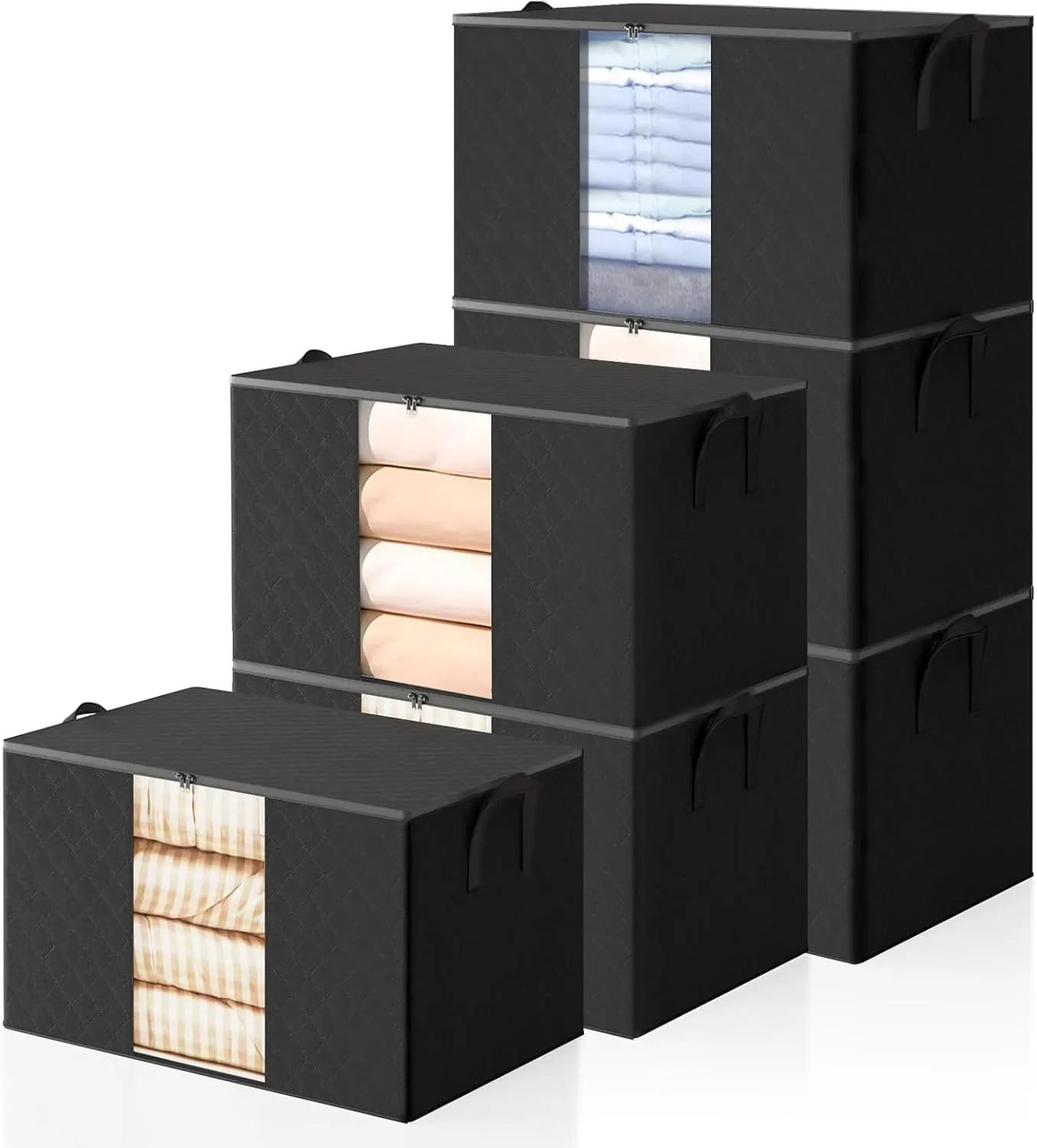 6 Pack Clothes Storage Bags - 60L Blanket Organizers and Storage for Closet Large Storage Bins with Lids and Zipper Storage Containers for King Comforter, Pillow and Sweater (Black, 6 Pack)