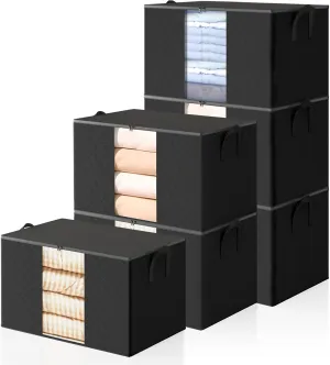 6 Pack Clothes Storage Bags - 60L Blanket Organizers and Storage for Closet Large Storage Bins with Lids and Zipper Storage Containers for King Comforter, Pillow and Sweater (Black, 6 Pack)