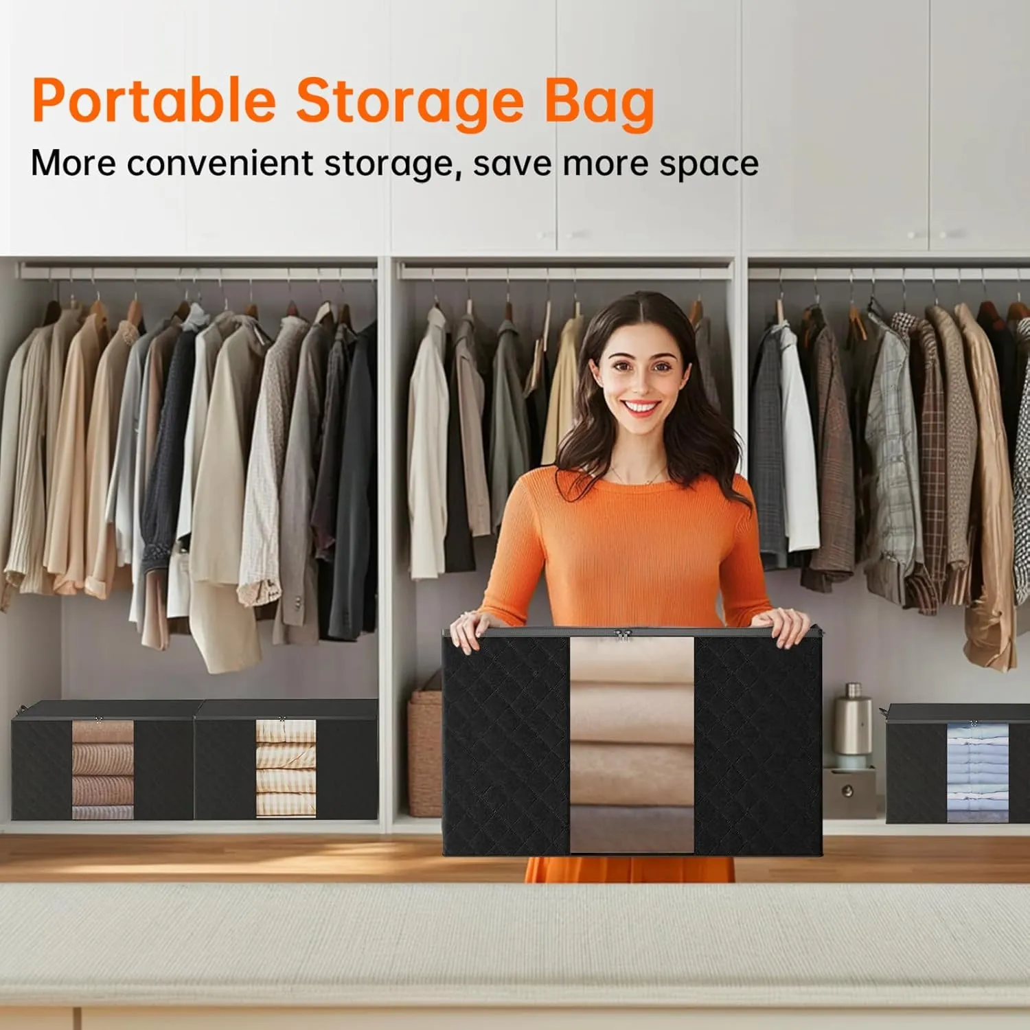 6 Pack Clothes Storage Bags - 60L Blanket Organizers and Storage for Closet Large Storage Bins with Lids and Zipper Storage Containers for King Comforter, Pillow and Sweater (Black, 6 Pack)