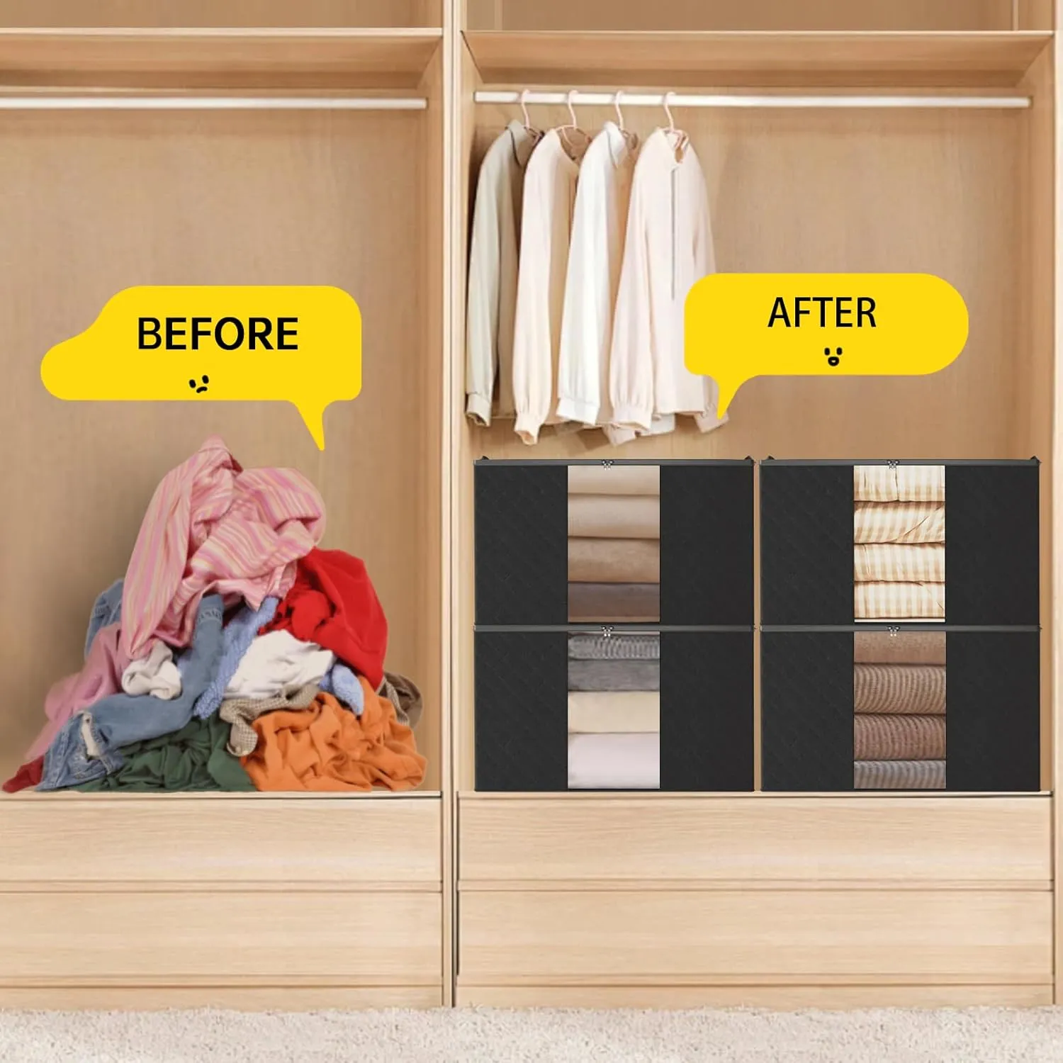 6 Pack Clothes Storage Bags - 60L Blanket Organizers and Storage for Closet Large Storage Bins with Lids and Zipper Storage Containers for King Comforter, Pillow and Sweater (Black, 6 Pack)