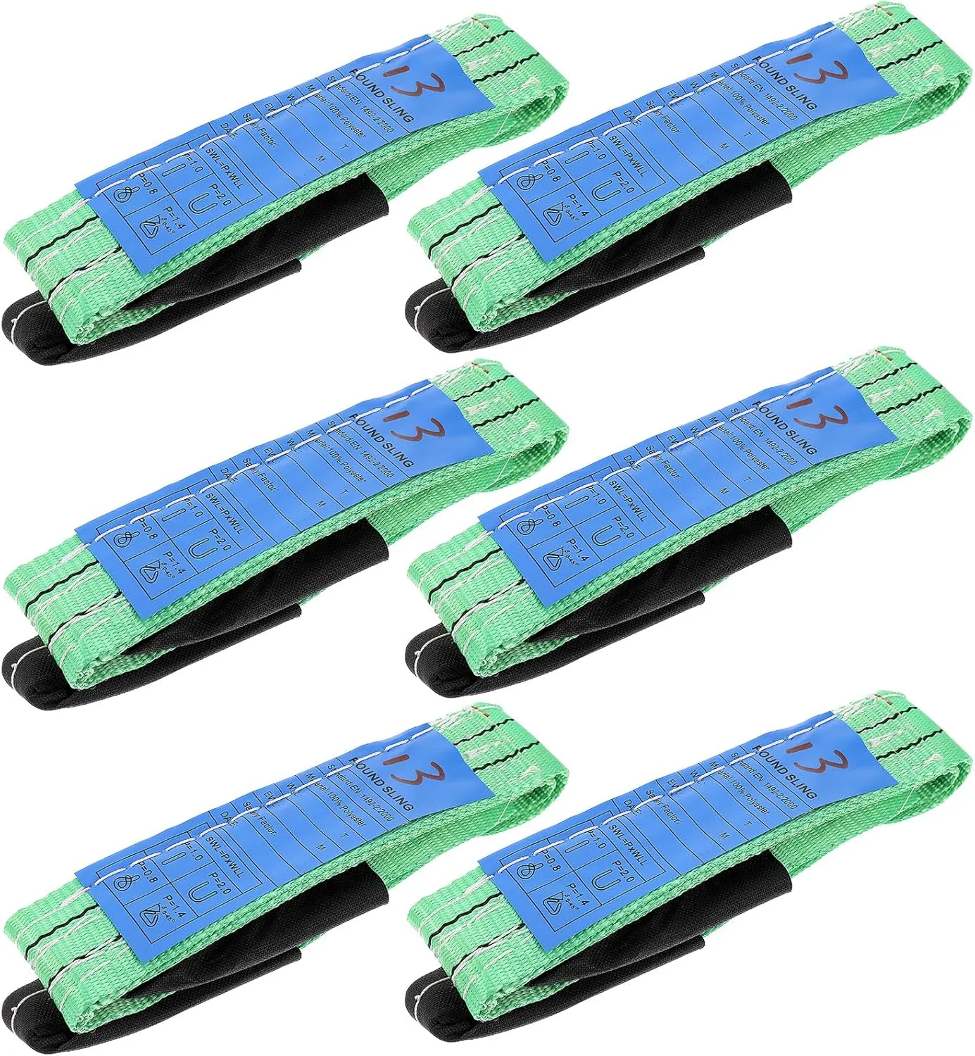 6 Pack Green Lifting Straps, Polyester Web Slings, 3.3FtX2in, 4409 LBS Basket, 8818 LBS Choker, 3527 LBS, Heavy Duty Lift Sling Web