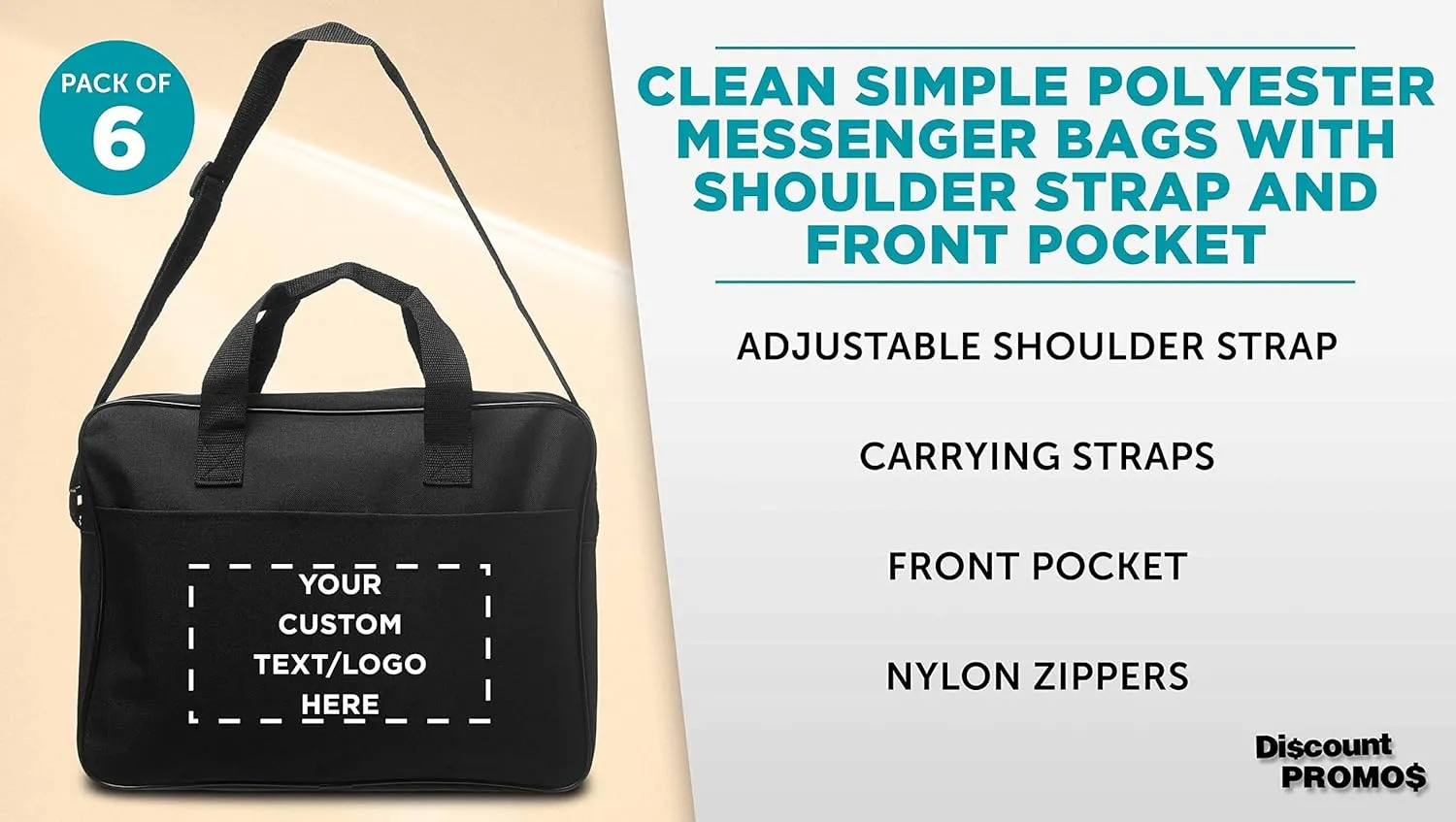 6 Polyester Messenger Bags Set - Customizable Text, Logo - Adjustable Straps, Reinforced Straps, Front Pocket, Everyday Use - Black