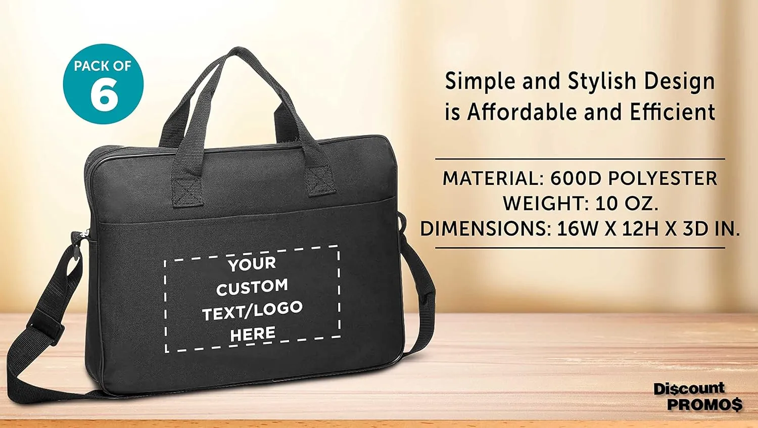 6 Polyester Messenger Bags Set - Customizable Text, Logo - Adjustable Straps, Reinforced Straps, Front Pocket, Everyday Use - Black