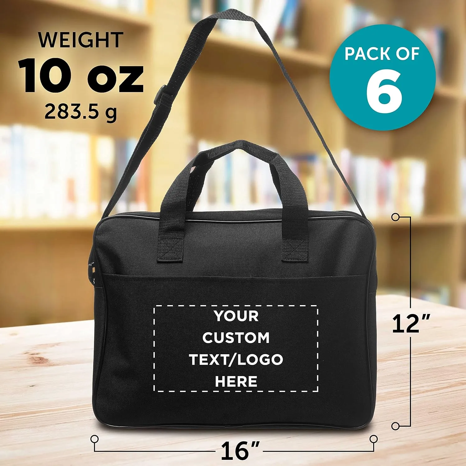 6 Polyester Messenger Bags Set - Customizable Text, Logo - Adjustable Straps, Reinforced Straps, Front Pocket, Everyday Use - Black