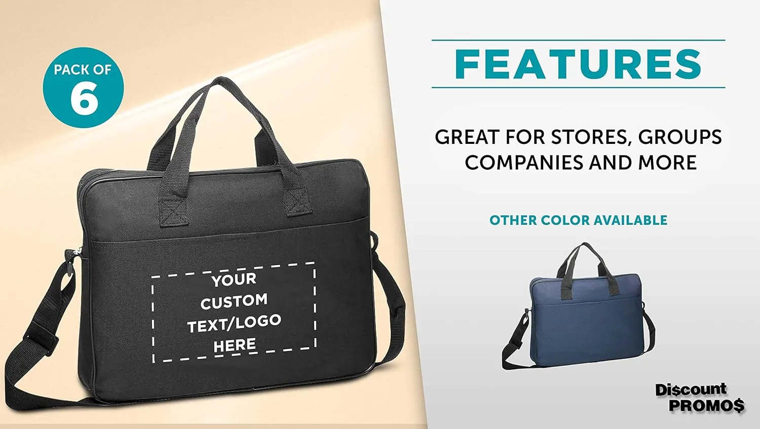 6 Polyester Messenger Bags Set - Customizable Text, Logo - Adjustable Straps, Reinforced Straps, Front Pocket, Everyday Use - Black
