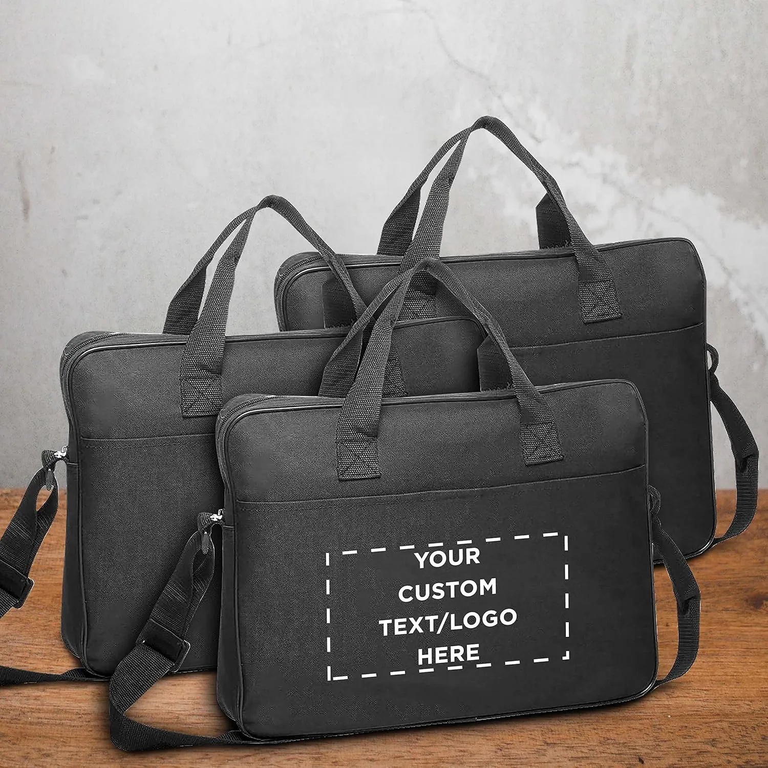 6 Polyester Messenger Bags Set - Customizable Text, Logo - Adjustable Straps, Reinforced Straps, Front Pocket, Everyday Use - Black