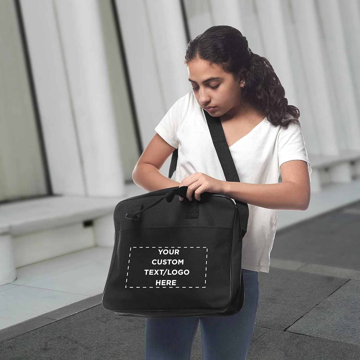 6 Polyester Messenger Bags Set - Customizable Text, Logo - Adjustable Straps, Reinforced Straps, Front Pocket, Everyday Use - Black