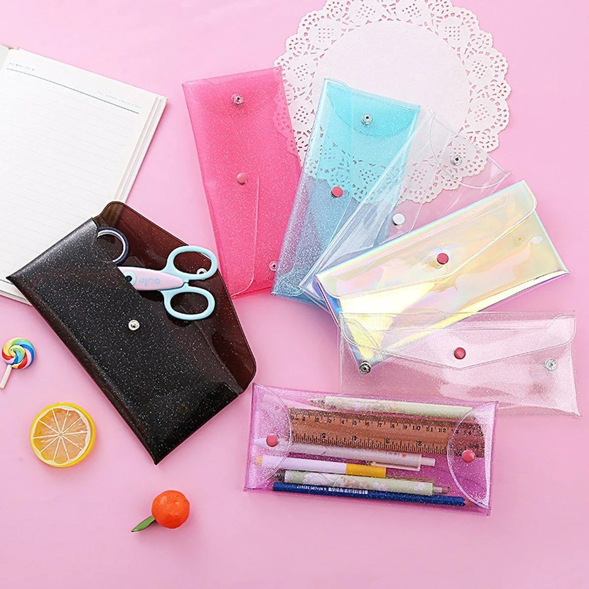 7pcs Transparent Pencil Case Storage Bag Portable Colorful Buckle Organizer Pack
