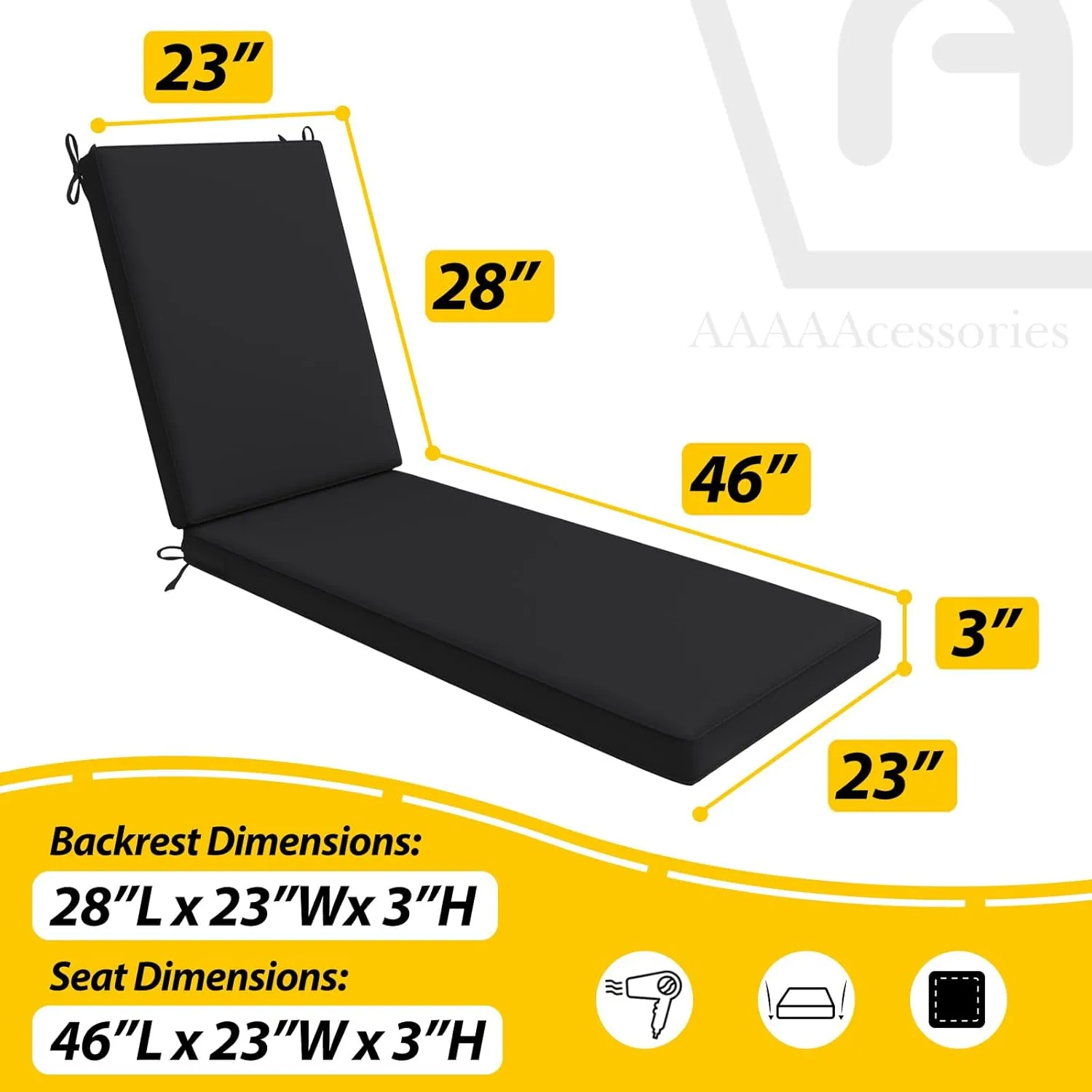 AAAAAcessories Outdoor Chaise Lounge Cushions, Waterproof, Fade-Resistant Patio Furniture Replacement Cushions, 74" x 23" x 3", Black